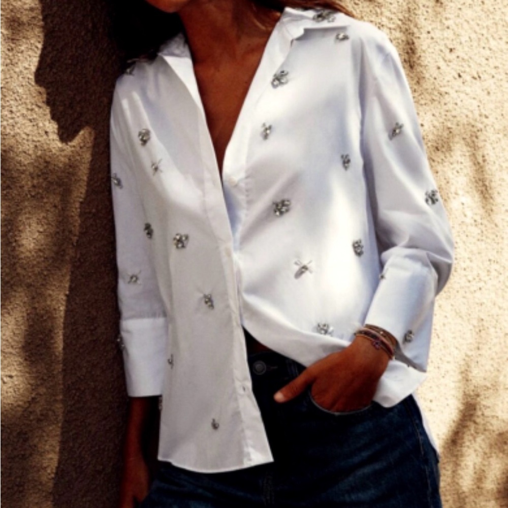 Zara White Embellished Button-Down Shirt